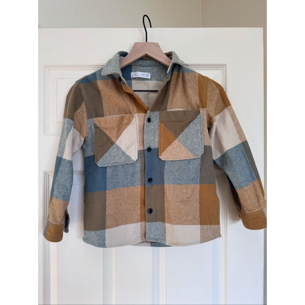 Zara boys size 8-9 year tan earth buffalo plaid button up shirt